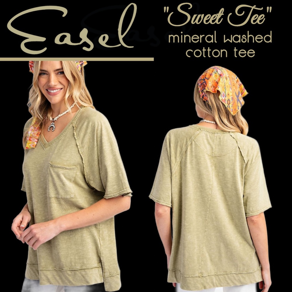 EASEL “Sweet Tee" Mineral Wash All Cotton V-Neck Tee Raw Seams Pocket Side Slits